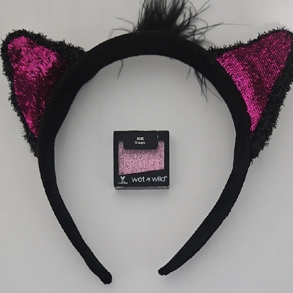 Sparkly Pink and Black Cat Ear Headband with Eyeshadow